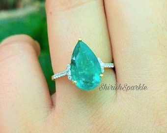 2.83CTW Teardrop Emerald promise ring for her Pear emerald diamond wedding ring for her E Zambia green emerald Diamond anniversary ring