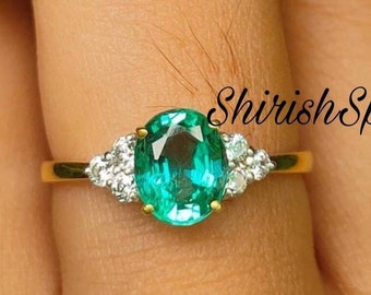 Anillo de compromiso de esmeralda natural, anillo ovalado de esmeralda y diamantes de oro macizo de 18k, talla US -7