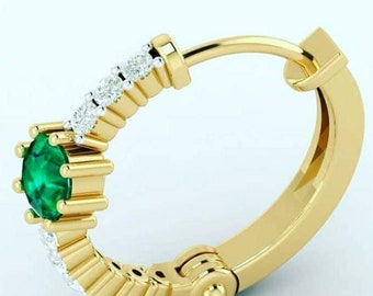 Emerald Diamond Nose Ring - 14k Solid Gold Nose Piercing Hoop Clicker, 18G/16G