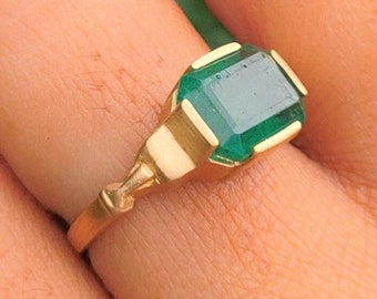 Anello con smeraldo naturale in oro massiccio 18 carati, solitario con pietra preziosa verde taglio smeraldo, anello di fidanzamento vintage, autentico gioiello con pietra portafortuna di maggio