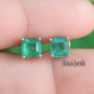 ShirishSparkle Natural Emerald Square Emerald Ear stud tranceperent square Emerald Earrings real Emerald Earrings genuine Emerald Earrings