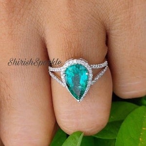 Pear Cut Zambian Emerald Engagement Ring, Diamond Halo Split Shank, 18k Gold