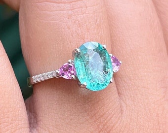 Beautiful Neon Green Natural Emerald with sign of love genuine pink sapphire & diamond 14k solid white gold ring for women marriage gift
