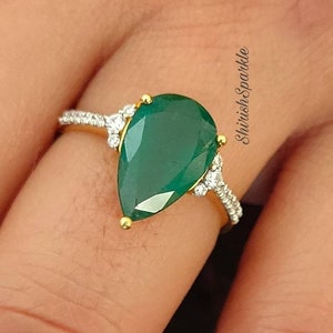 ShirishSparkle Certified natural diamond natural emerald weddings ring genuine emerald engagement ring pear emerald ring in gold