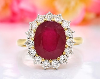 Ovaler Verlobungsring mit Rubin und Diamant-Halo – Handgefertigter Brautring aus massivem Gold mit Geburtsstein Juli
