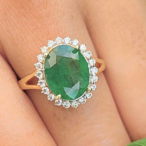 3.45CT Emerald 18k white gold ring for women emerald wedding engagement anniversary promise ring emerald gold ring emerald diamond gold ring