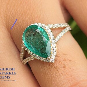 Pear emerald ring 14k white gold emerald wedding engagement ring authentic emerald diamond ring, women emerald ring emerald gold ring