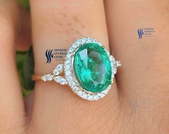 Emerald Engagement Ring, Emerald Ring For Women, Natural Emerald Halo Ring ,oval Emerald ring, Emerald White Gold ring, Emerald ring