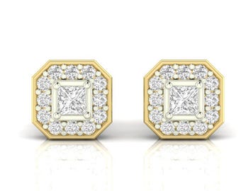 Pendientes de botón con diamantes de laboratorio, pendientes de botón con halo de oro macizo de 14 quilates con corte princesa, joyería fina unisex.