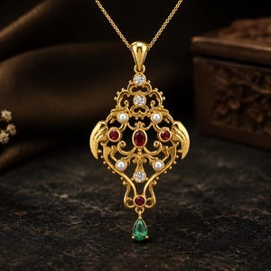 Könnte beinhalten: Ein goldener Anhänger mit einem komplizierten Filigran-Design, verziert mit kleinen runden weißen Perlen, roten Rubinen, klaren Diamanten und einem einzelnen birnenförmigen grünen Smaragd am unteren Ende, an einer feinen Goldkette.