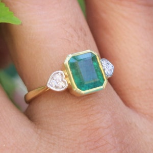 Natural Diamond Ring, Emerald rig, Genuine emerald ring, rectangle emerald ring,