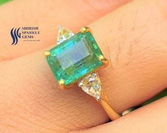 2.21Ct Natural Emerald Emerald cut emerald Ring Genuine emerald Ring natural diamond accents pear diamond ring with octagon emerald ring