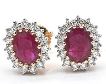 Natural Ruby Diamond Halo Stud Earrings, 14K Solid Gold Kanchanaburi Ruby, July Birthstone Gift