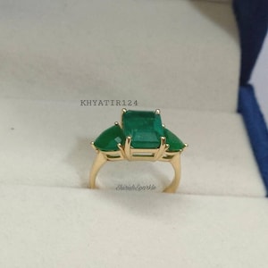 Natural Emerald Engagement Ring with 14k solid gold, Genuine Emerald Wedding Ring for women Zambian Emerald Ring with 14k solid gold