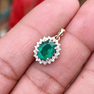 Oval Natural Emerald Pendant with Diamonds – 14kt Solid Gold Genuine Emerald Necklace, Oval Shape Locket - Shirish Sparkle Gems