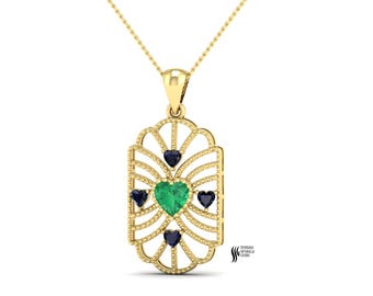 Colgante de corazón de esmeralda natural y zafiro azul, collar Art Déco de oro macizo de 14 quilates, colgante de piedras preciosas vintage, regalo de piedra natal de mayo