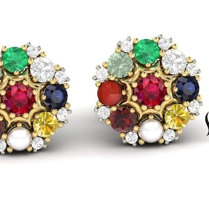 14K Solid Gold Navaratna Earrings,  Natural Nine Gemstone, Vedic Astrology Navagraha Earrings, Birthstone Jewelry