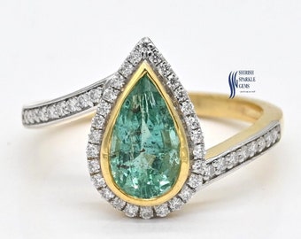 Pear Cut  Natural Emerald Diamond Green 14k Solid Yellow Gold Engagement Ring, Green Stone Ring, Promise Band Gift For Her
