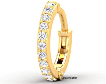 Natural Diamond Nose Ring 18K Solid Gold Clicker, 8MM Round Brilliant Diamond Ear Hoop, H-I SI Clarity, 14K Yellow Gold Piercing Jewelry
