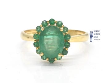 Anillo ovalado con halo de oro y esmeralda, oro macizo de 14 quilates, gema de Zambia.