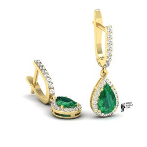 Pendientes colgantes de diamantes con halo de esmeralda natural, pendientes colgantes de esmeralda como muestra de amor para un regalo especial, pendientes de esmeralda vívida de Zambia.