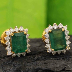 Brincos de esmeralda de ouro 18k, brincos de esmeralda solitários naturais genuínos, brincos de esmeralda octagun, esmeralda da Zâmbia, brinco de halo de esmeralda