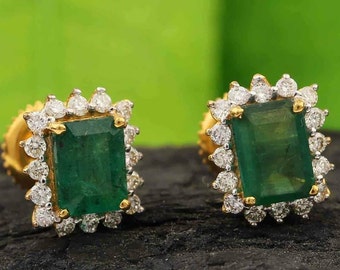 18k Gold Emerald Earrings Stud, Genuine diamond natural Solitaire Emerald octagun emerald earrings Zambia Emerald, Emerald halo earring