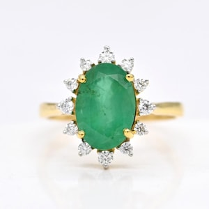 Oval emerald ring for gift, Natural emerald halo ring, zambia emerald ring with diamond, emerald white gold ring for wife women engagement