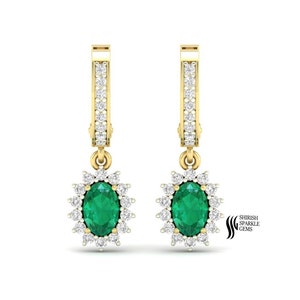 Natural Oval emerald diamond dangle earring for her emerald diamond dangle drop earring real emerald diamond drop earring drop emerald