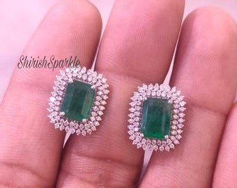 Natural Emerald Earring, 18K Solid Gold Vivid Green Emerald Double Halo Diamond Studs
