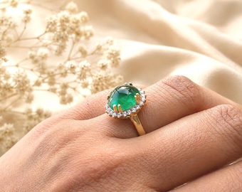 Natural Zambian Cabochon Oval Emerald Engagement Ring With Halo diamond, May Birthstone