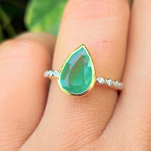 Pear emerald diamond ring for her wedding white gold emerald ring genuine emerald diamond ring for girls natural zambia emerald ring
