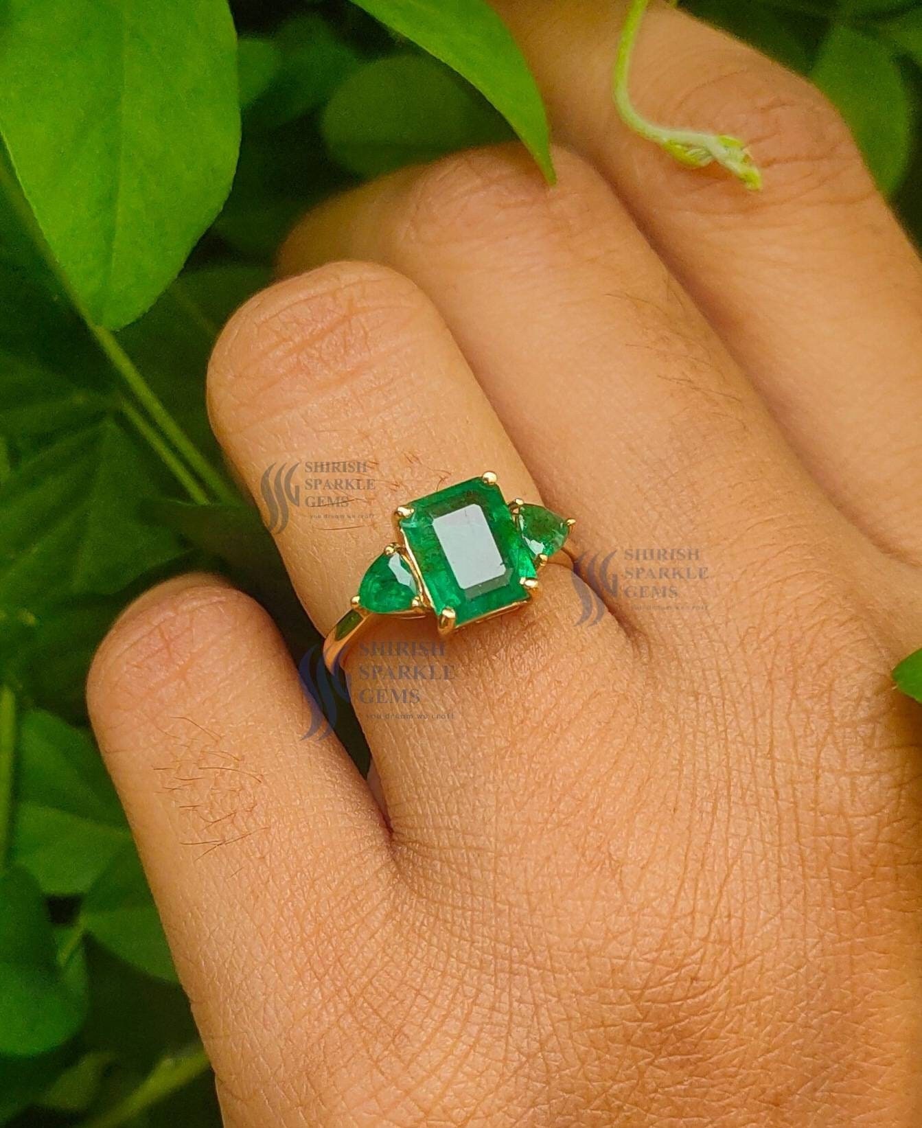 Bague En Or Jaune 14 Carats Avec émeraude Naturelle De Zambie 1,23 Ct Et Diamants - Taille Disponible Sur Demande, Neuf