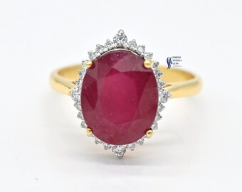 14K Solid Gold Ruby Oval Cut July Birthstone Ring – Yellow Gold Anniversary Promise Wedding Ring, Real Gems Ruby Gold Ring, With Certified