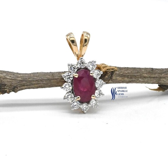 Natural red ruby diamond pendant, oval ruby halo pendant, ruby gold pendant, certified ruby emerald pendant, genuine ruby gold pendant