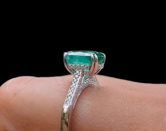Oval Emerald Engagement Ring, 14k White Gold, Diamond Accents