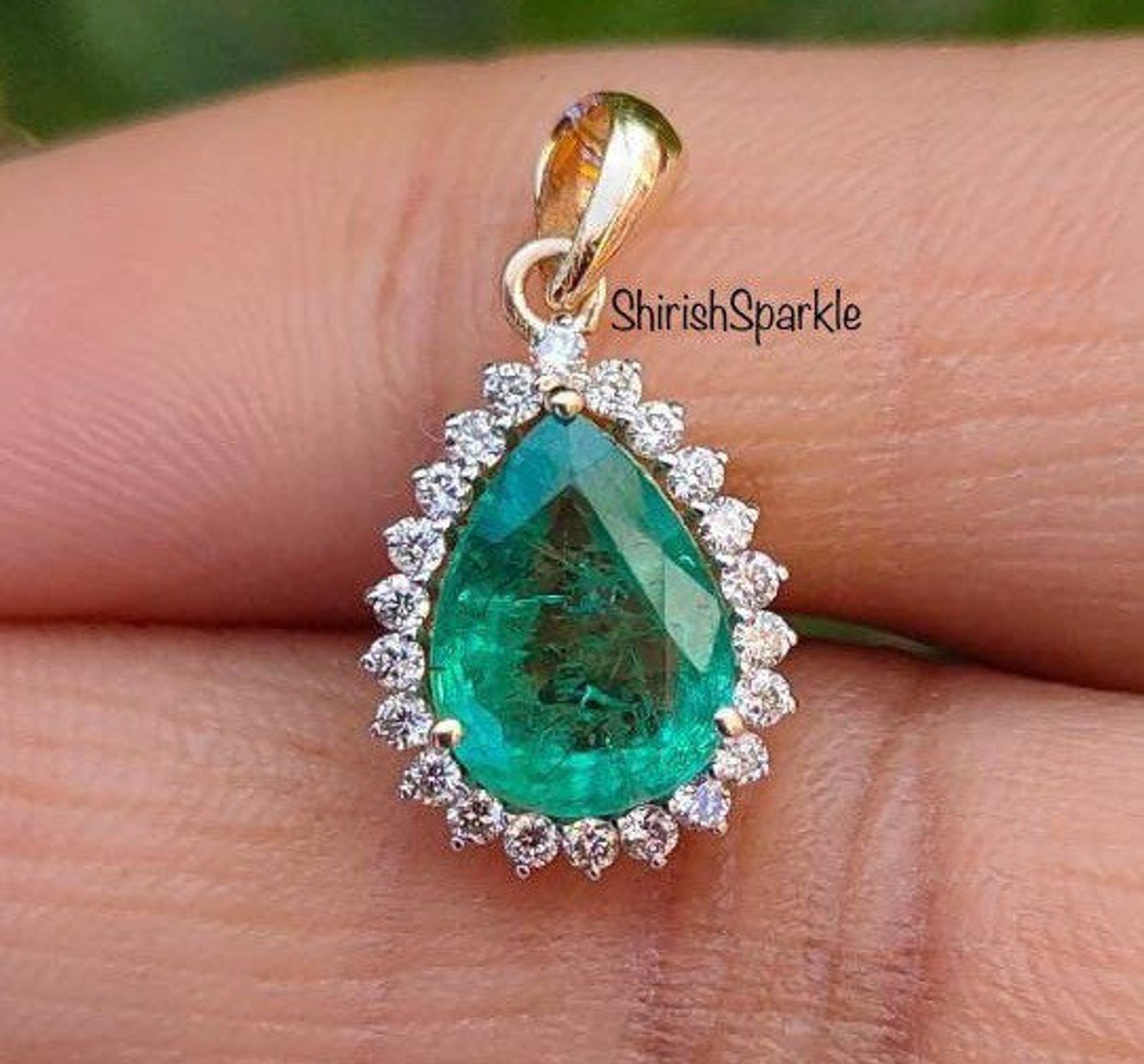 Natural Emerald Pendant With Natural Diamond 14k Solid Gold Etsy