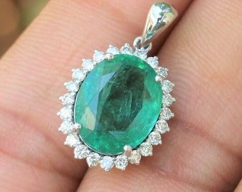 18k solid gold ready to ship pendant with 6 carat natural oval Zambia emerald halo, luck locket for him and her gift, unisex jewelry present