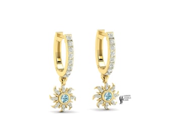 Pendientes de aro de aguamarina y diamantes, pendientes huggie de oro con diseño celestial y rayos de sol.