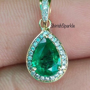 18kt Gold Natural Dark Green Emerald Pendant – Real Emerald Halo Necklace For Women, Elegant Fine Jewelry