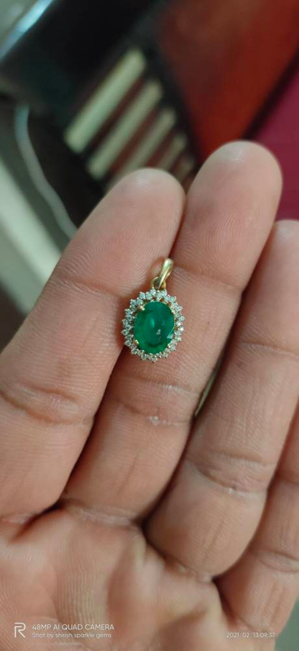 Oval Natural Emerald pendant with natural diamond 14kt solid | Etsy