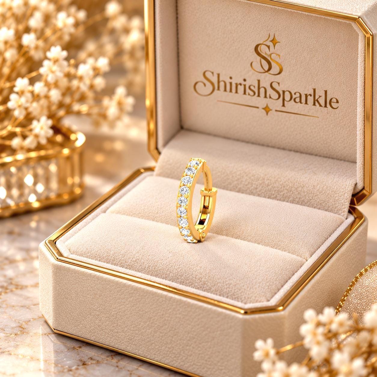 Freesia Diamond Nose Ring Hoop, 14K Yellow Gold Conch Helix Daith