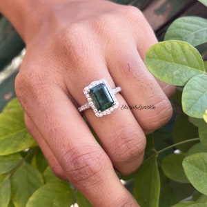 darker emerald ring / emerald white gold ring / natural emerald halo ring / emerald ring for women girl / emerald ring for valentine gift