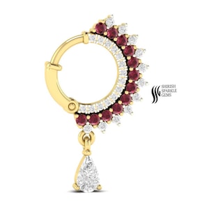 14K Gold Diamond & Ruby Nose Ring, Dangle Cartilage Conch Hoop, Ear Piercing