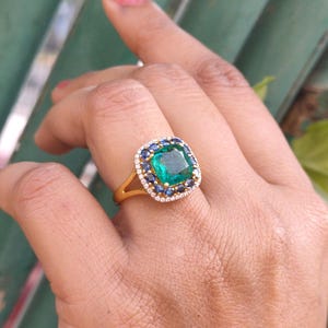 Natural Emerald & Blue Sapphire Designer Ring – AAA Cushion Cut Emerald Gold Ring, Genuine Natural Gemstone Jewelry, Authentic Emerald Ring