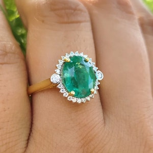 2.92CTW Natural Emerald Natural Diamond Halo Ring 18k white gold emerald promise ring, Genuine authentic emerald wedding ring in gold gift