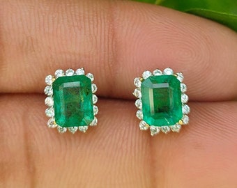 3.20crt Natural Emerald Cut Emerald Earring with Natural Diamond Halo Octagon shape emerald anniversary gift wedding gift