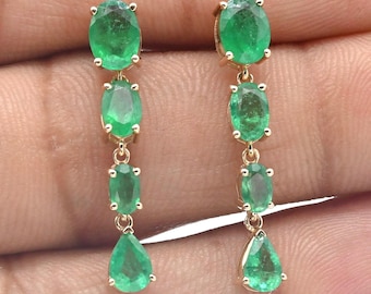natural emerald dangle earring / genuine emerald dangle drop earring / 14k gold emerald earring natural emerald solid gold hanging earring