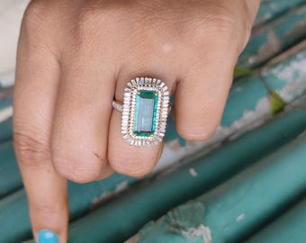 Neon Green Emerald Diamond Baguette Ring: 18k White Gold Statement Ring