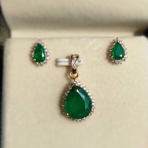 Real Emerald Bridal Set – 14K Gold Natural Diamond Necklace with Pendant & Emerald Earrings, Emerald diamond bridal jewelry gift - Certified